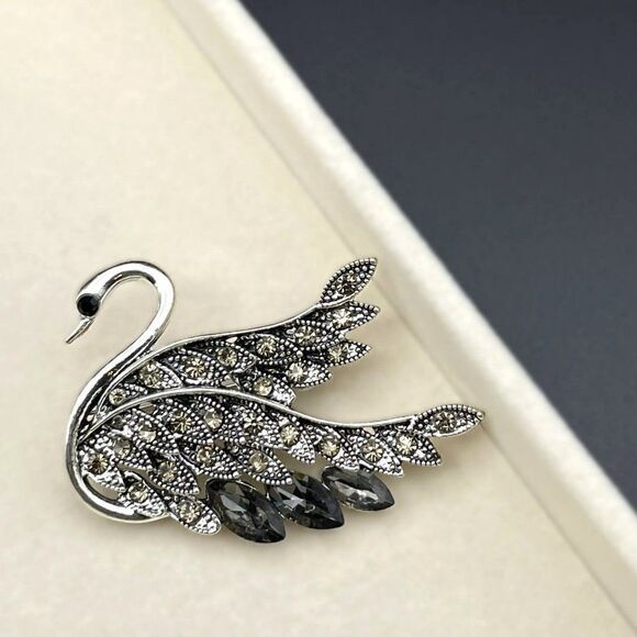 Silver with Champagne Topaz and Gray Crystal Graceful Swan Pin Back Brooch - Picture 4 of 7